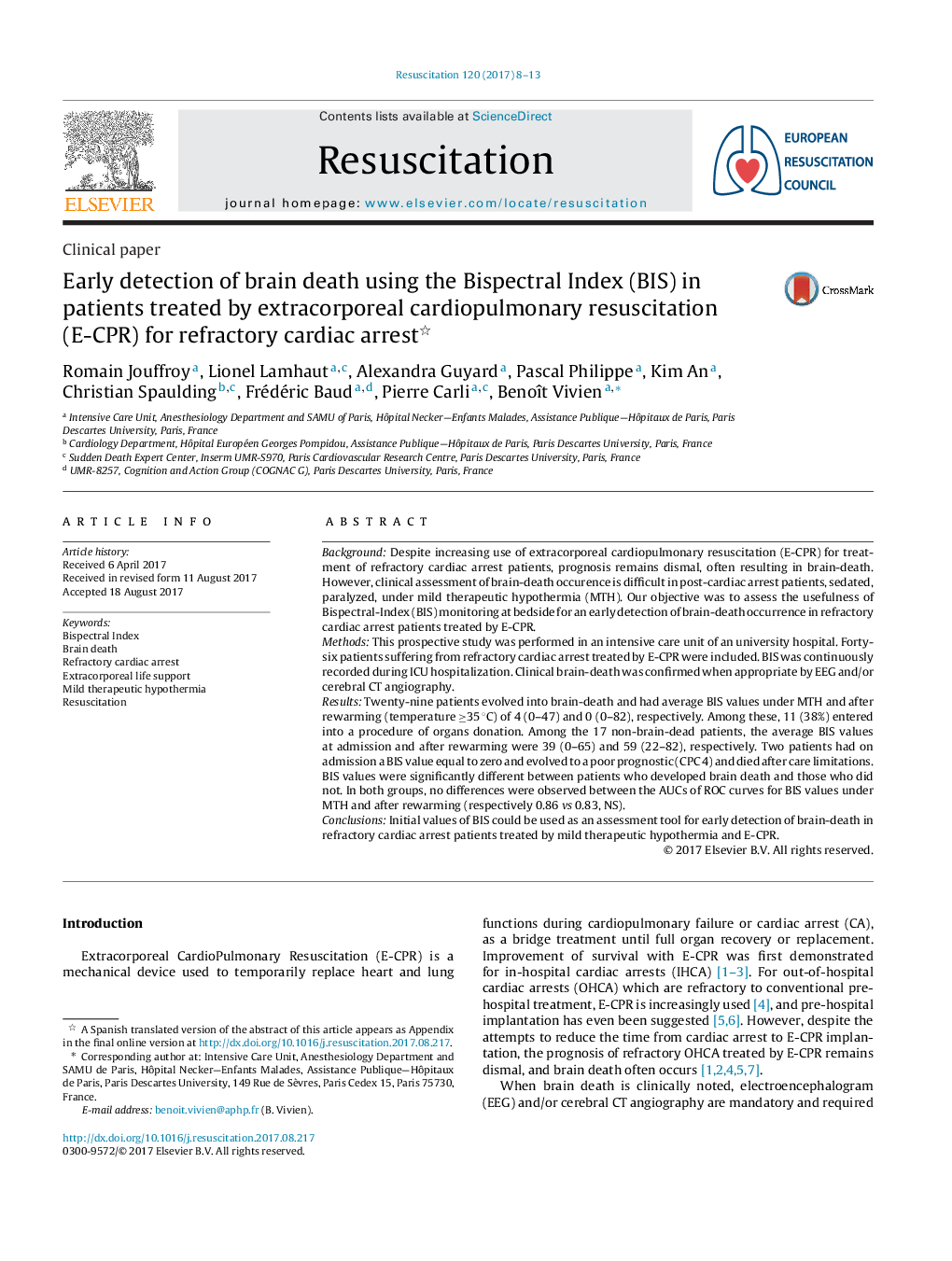 Clinical paperEarly detection of brain death using the Bispectral Index (BIS) in patients treated by extracorporeal cardiopulmonary resuscitation (E-CPR) for refractory cardiac arrest