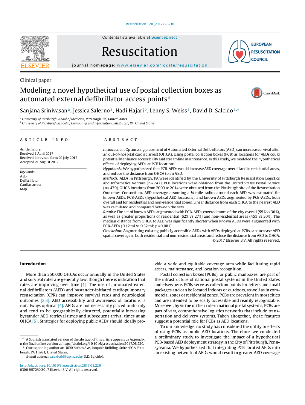 Clinical paperModeling a novel hypothetical use of postal collection boxes as automated external defibrillator access points