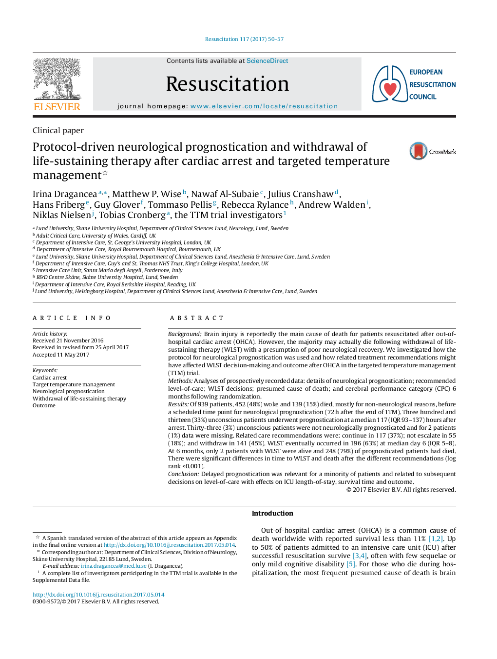 Clinical paperProtocol-driven neurological prognostication and withdrawal of life-sustaining therapy after cardiac arrest and targeted temperature management