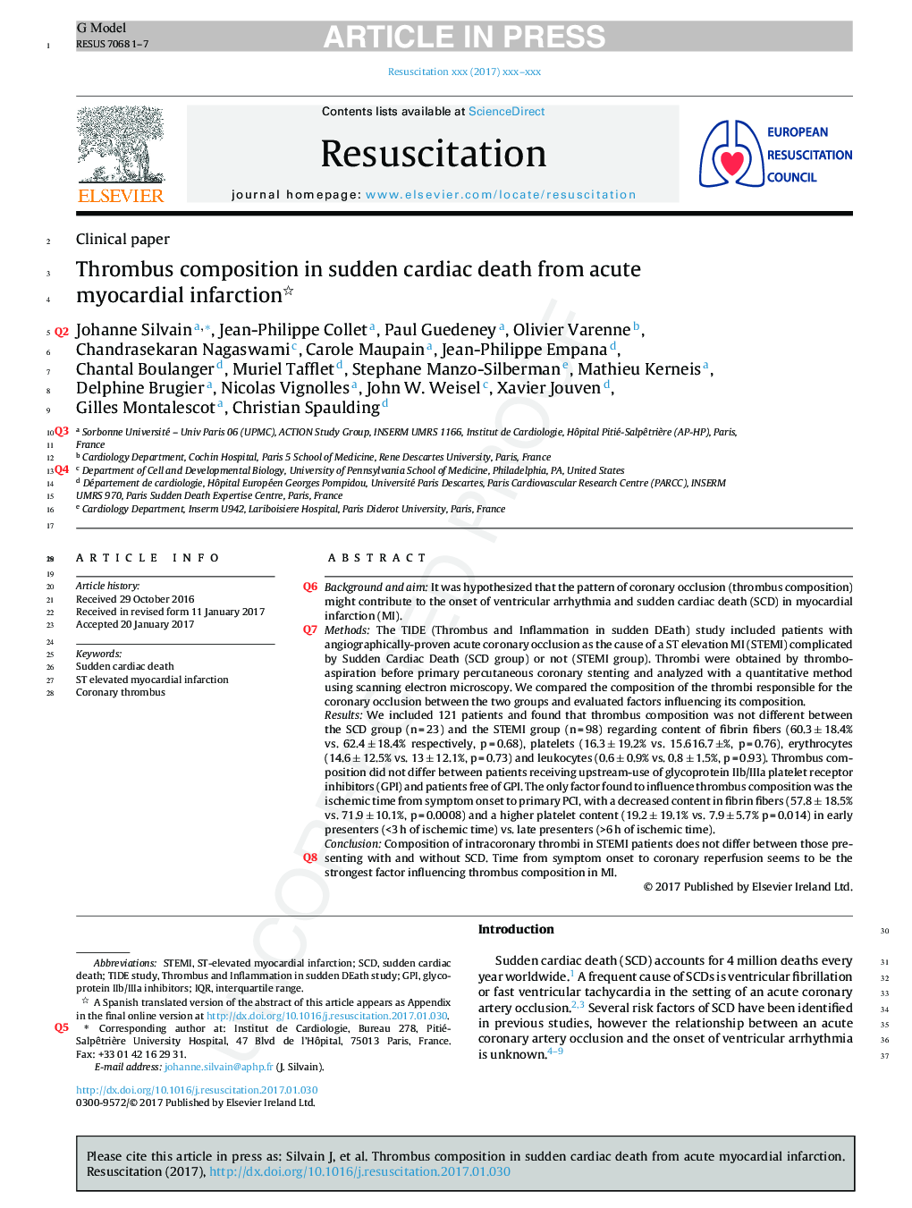 Thrombus composition in sudden cardiac death from acute myocardial infarction