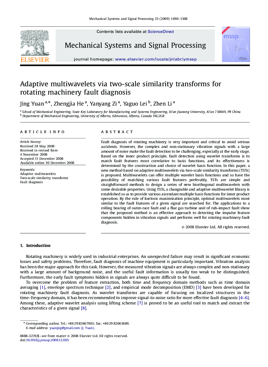 Adaptive multiwavelets via two-scale similarity transforms for rotating machinery fault diagnosis