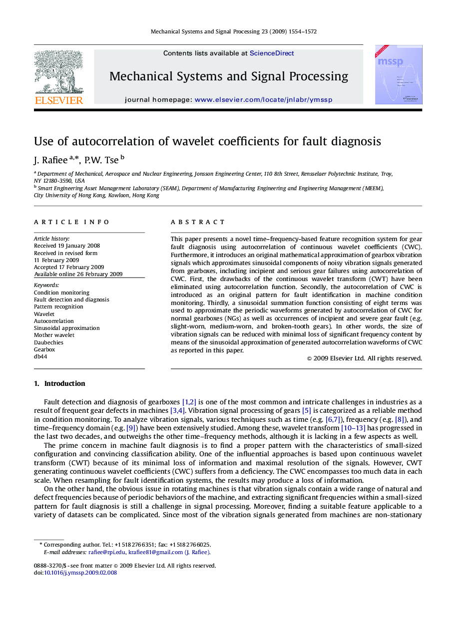 Use of autocorrelation of wavelet coefficients for fault diagnosis