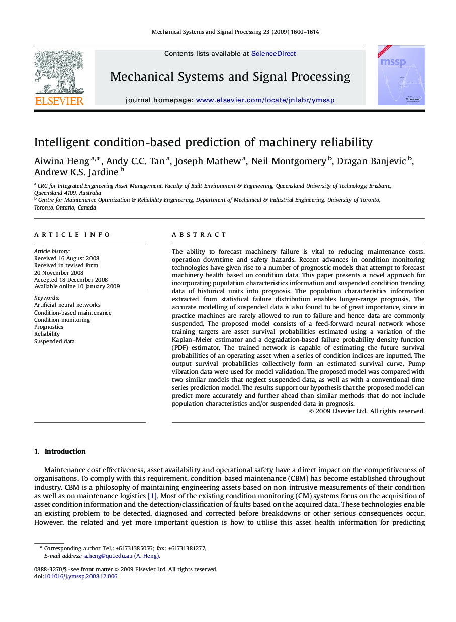 Intelligent condition-based prediction of machinery reliability