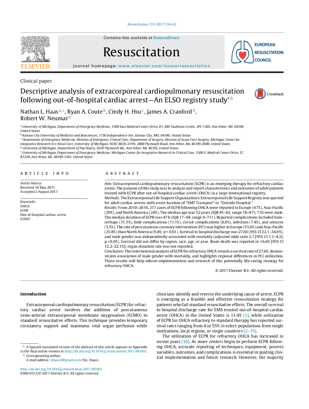 Clinical paperDescriptive analysis of extracorporeal cardiopulmonary resuscitation following out-of-hospital cardiac arrest-An ELSO registry studyâ¨