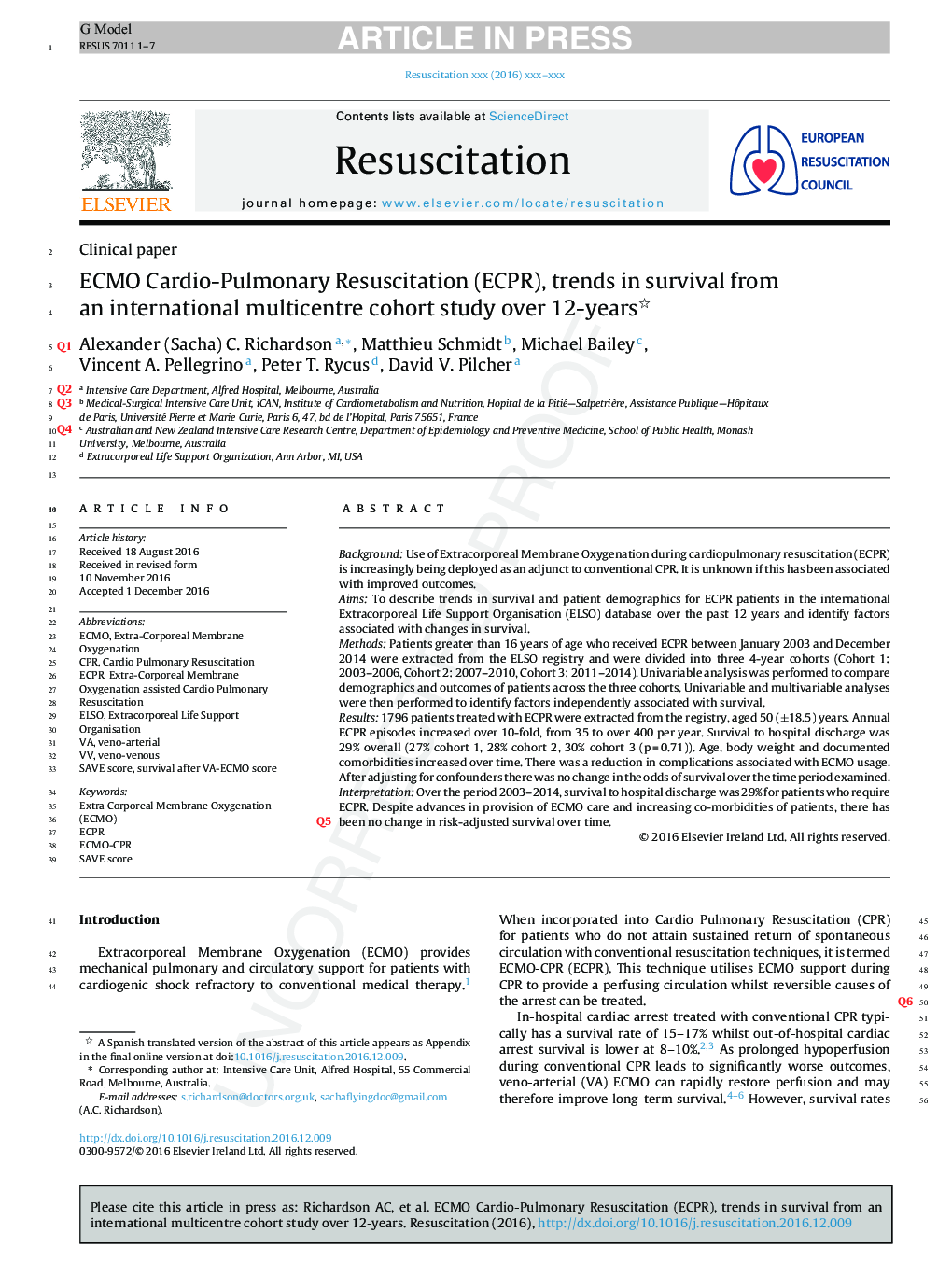 ECMO Cardio-Pulmonary Resuscitation (ECPR), trends in survival from an international multicentre cohort study over 12-years