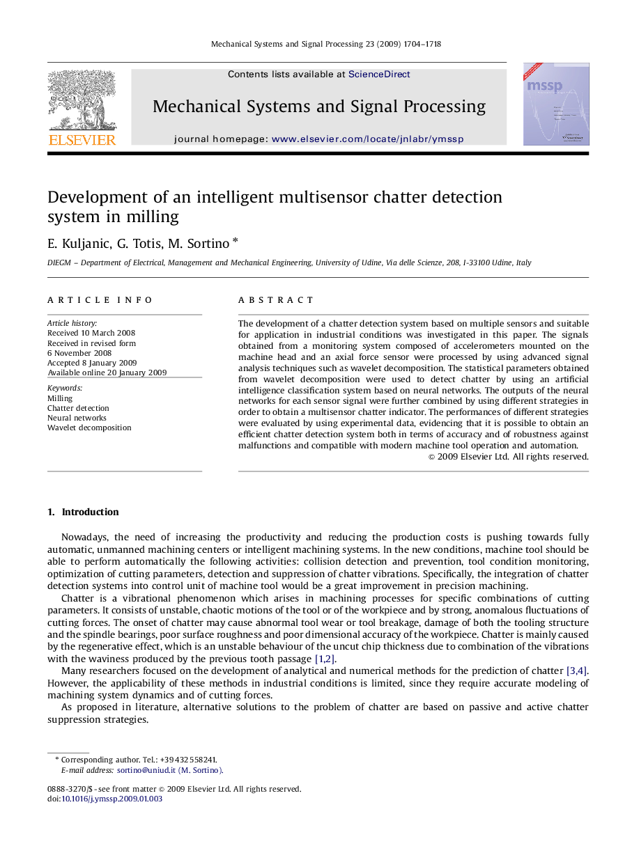 Development of an intelligent multisensor chatter detection system in milling