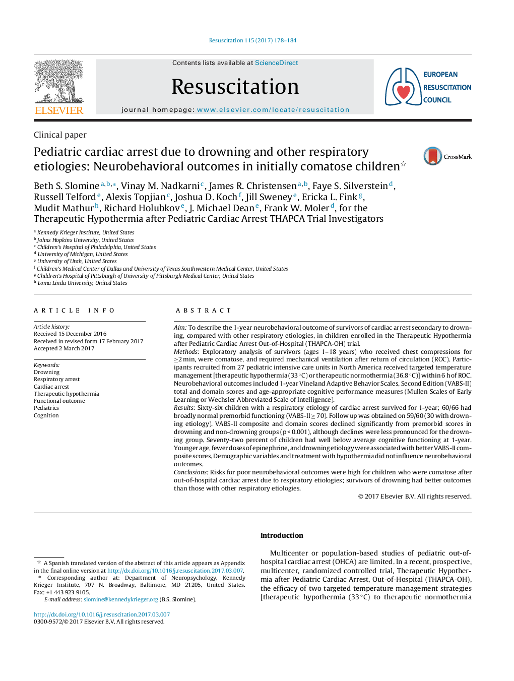 Clinical paperPediatric cardiac arrest due to drowning and other respiratory etiologies: Neurobehavioral outcomes in initially comatose children