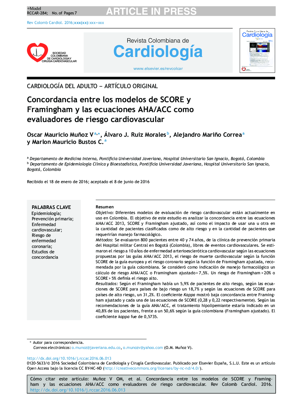 Concordancia entre los modelos de SCORE y Framingham y las ecuaciones AHA/ACC como evaluadores de riesgo cardiovascular