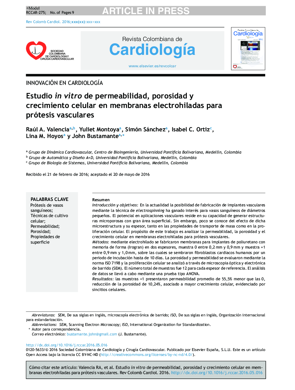 Estudio in vitro de permeabilidad, porosidad y crecimiento celular en membranas electrohiladas para prótesis vasculares