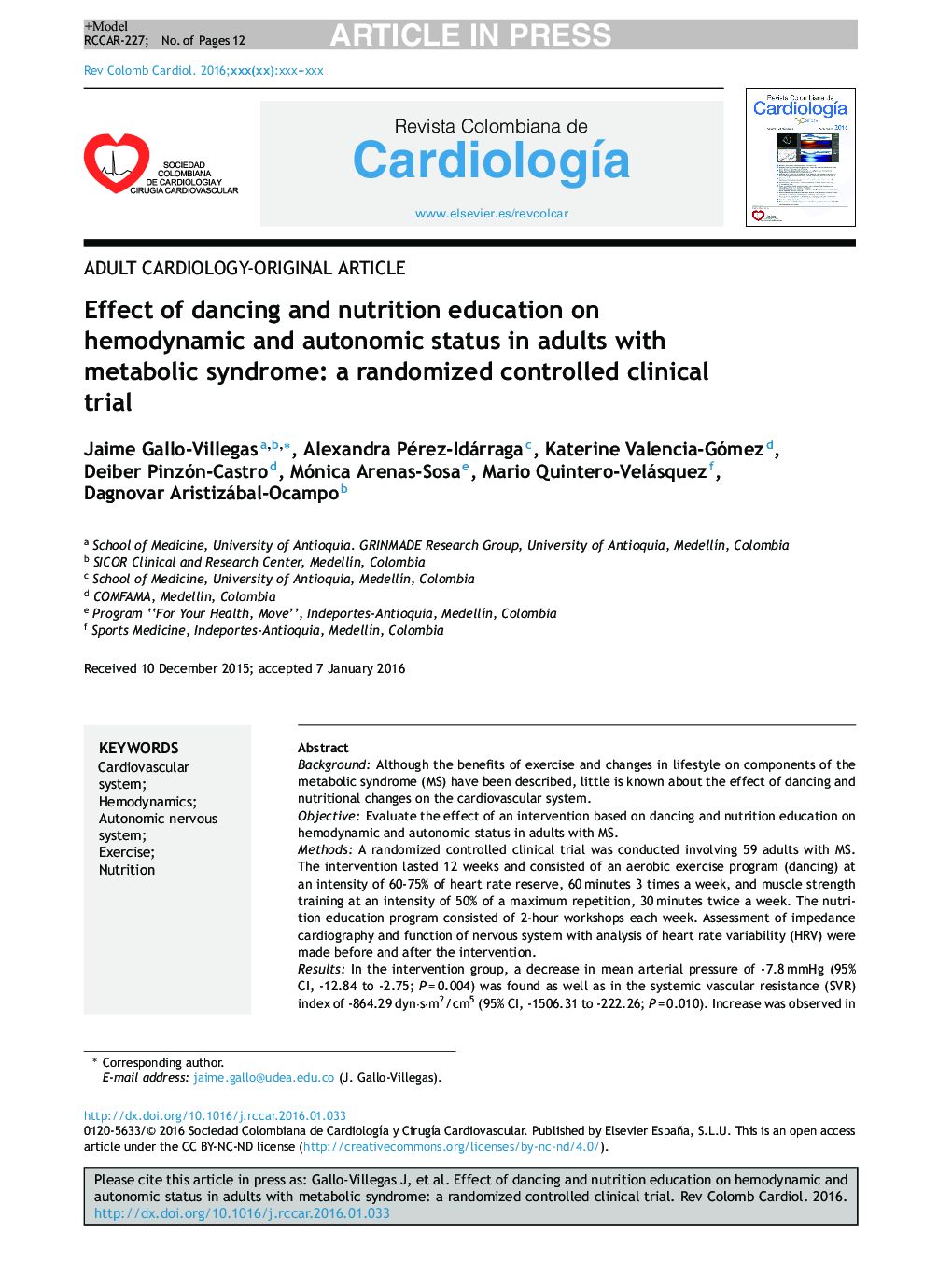 Effect of dancing and nutrition education on hemodynamic and autonomic status in adults with metabolic syndrome: a randomized controlled clinical trial