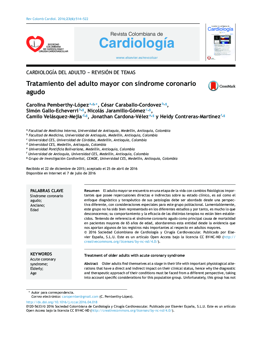 CardiologÃ­a del adulto - Revisión de temasTratamiento del adulto mayor con sÃ­ndrome coronario agudoTreatment of older adults with acute coronary syndrome