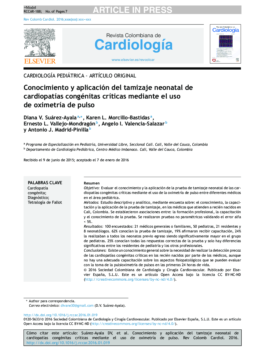 Conocimiento y aplicación del tamizaje neonatal de cardiopatÃ­as congénitas crÃ­ticas mediante el uso de oximetrÃ­a de pulso