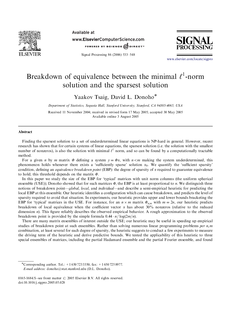 Breakdown of equivalence between the minimal ℓ1ℓ1-norm solution and the sparsest solution