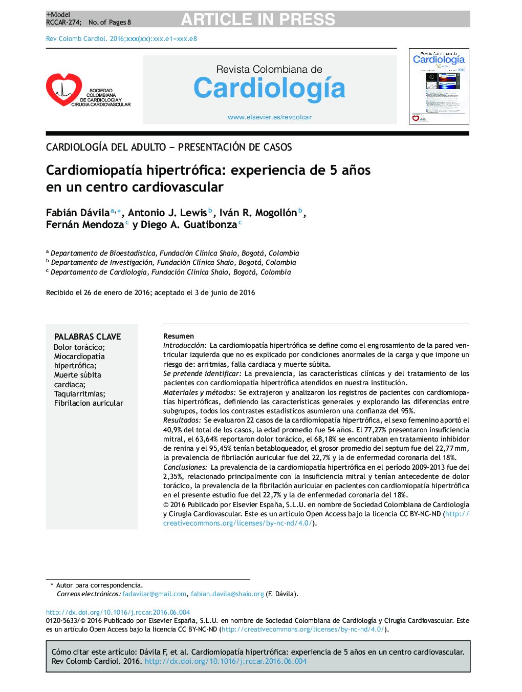 CardiomiopatÃ­a hipertrófica: experiencia de 5 años