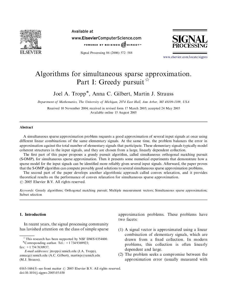 Algorithms for simultaneous sparse approximation. Part I: Greedy pursuit 