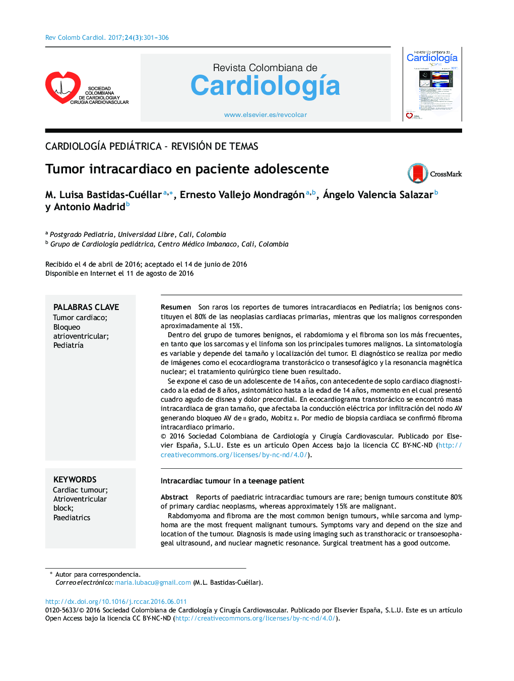 CardiologÃ­a pediátrica - Revisión de temasTumor intracardiaco en paciente adolescenteIntracardiac tumour in a teenage patient