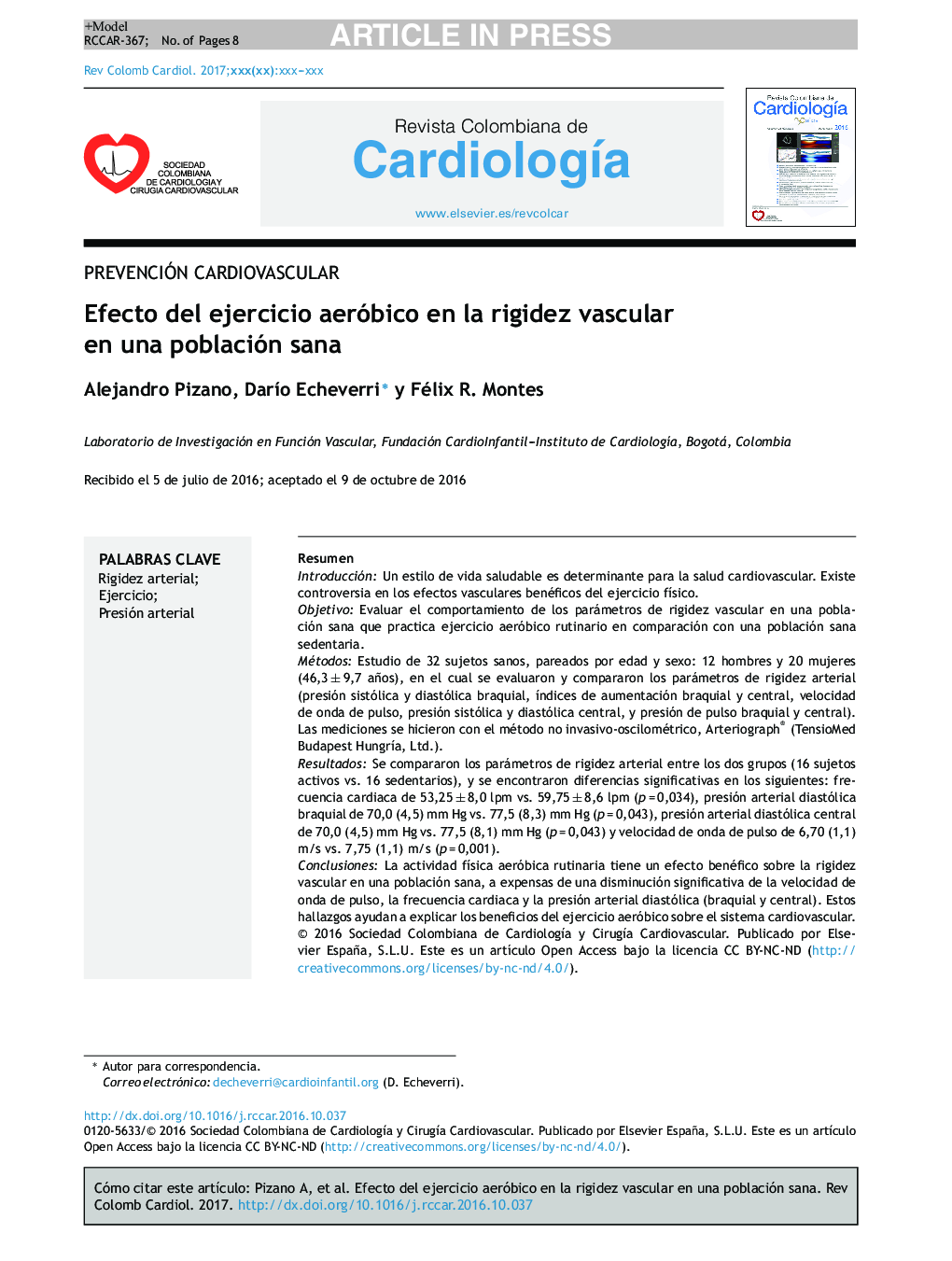 Efecto del ejercicio aeróbico en la rigidez vascular en una población sana