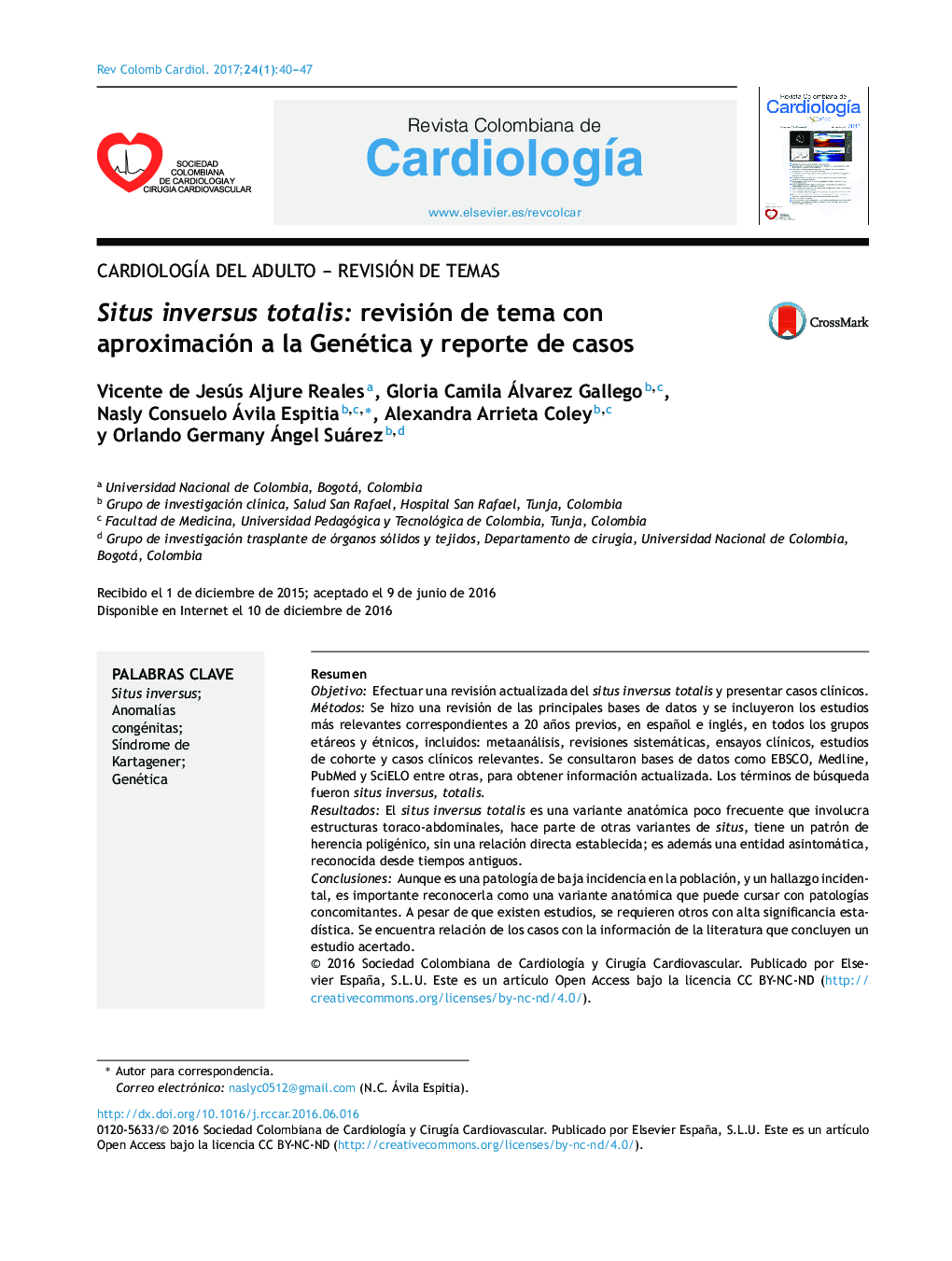 CardiologÃ­a del adulto - Revisión de temasSitus inversus totalis: revisión de tema con aproximación a la Genética y reporte de casosSitus inversus totalis, topic review approach to Genetics and case report