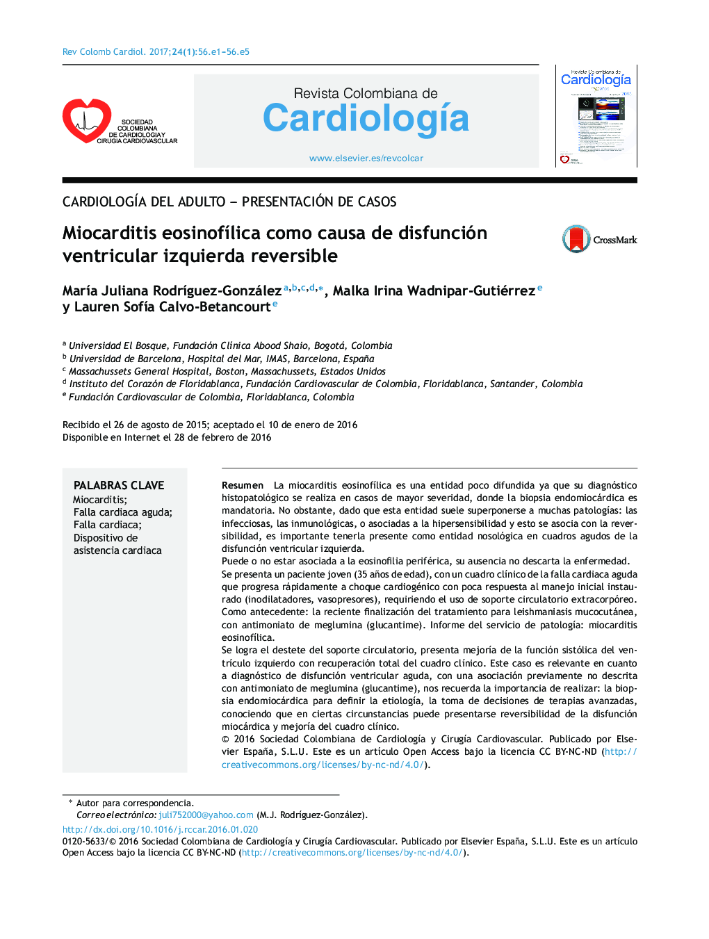 CardiologÃ­a del adulto - Presentación de casosMiocarditis eosinofÃ­lica como causa de disfunción ventricular izquierda reversibleEosinophilic myocarditis as a cause of reversible left ventricular dysfunction