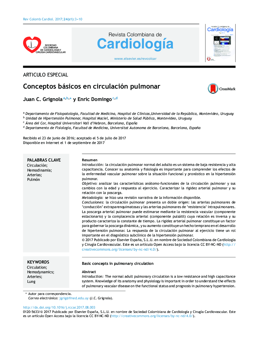 Articulo EspecialConceptos básicos en circulación pulmonarBasic concepts in pulmonary circulation