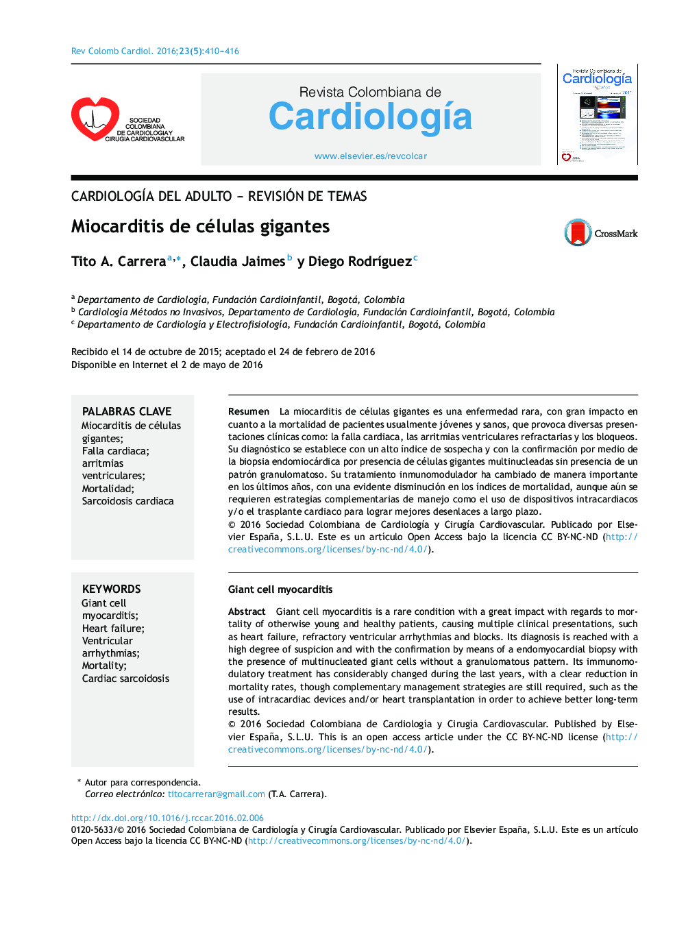 CardiologÃ­a del adulto - Revisión de temasMiocarditis de células gigantesGiant cell myocarditis