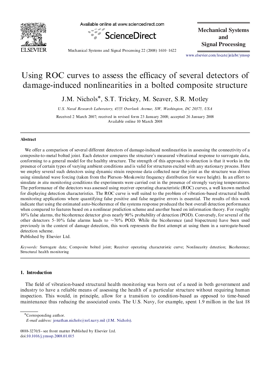 Using ROC curves to assess the efficacy of several detectors of damage-induced nonlinearities in a bolted composite structure