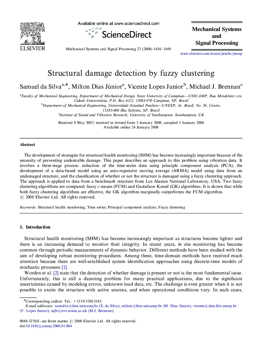 Structural damage detection by fuzzy clustering