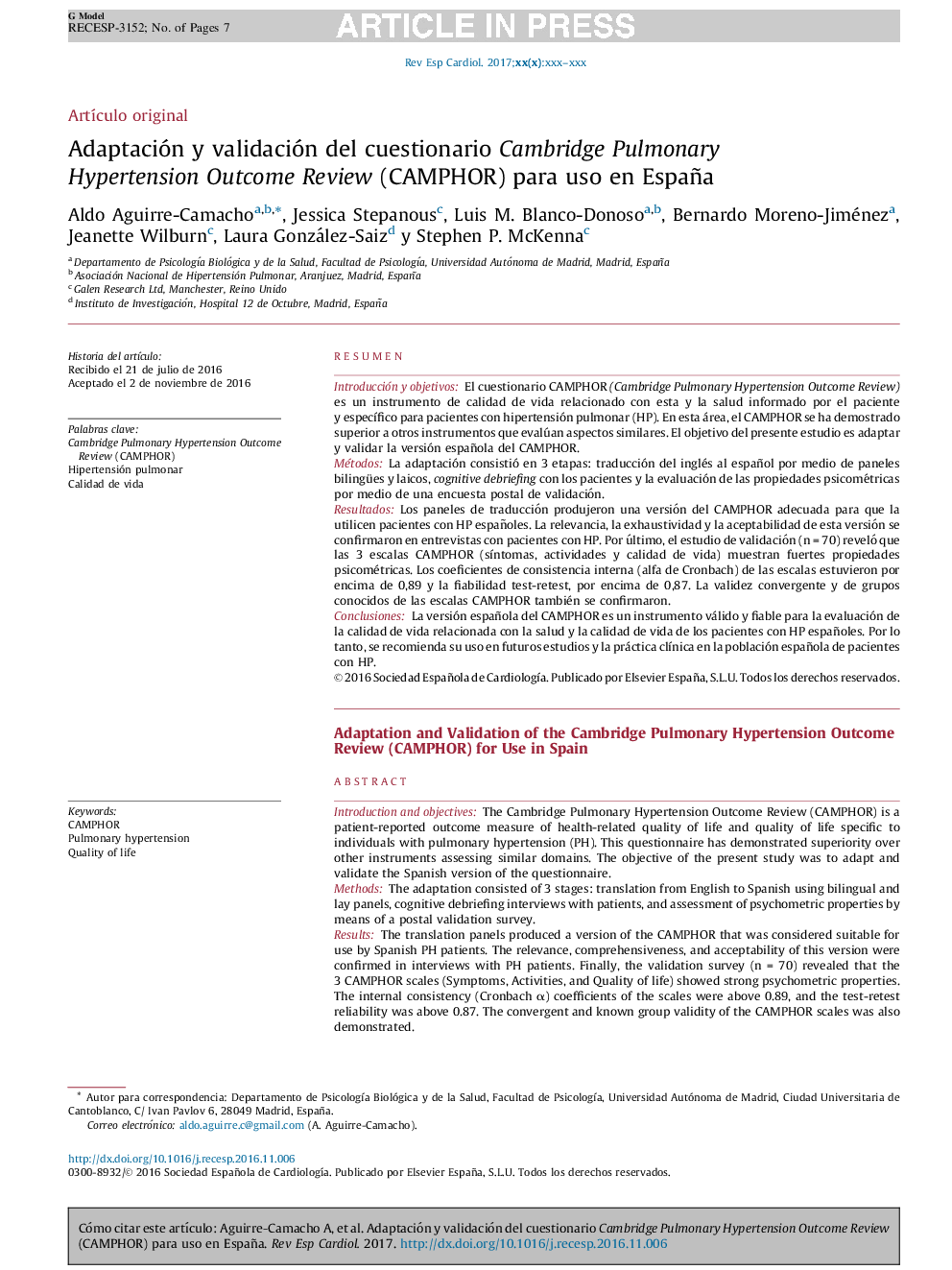 Adaptación y validación del cuestionario Cambridge Pulmonary Hypertension Outcome Review (CAMPHOR) para uso en España