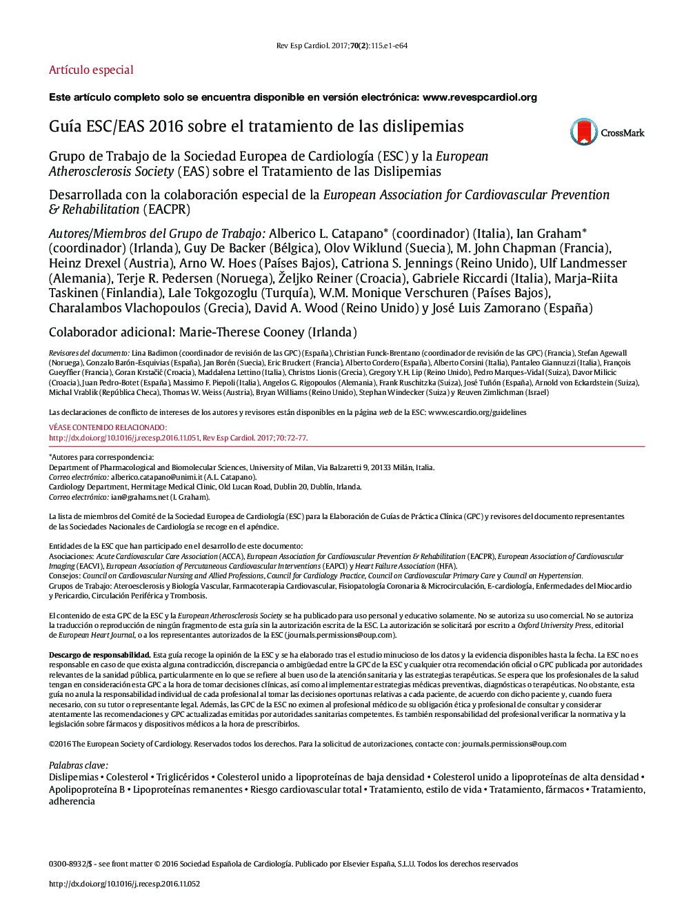 GuÃ­a ESC/EAS 2016 sobre el tratamiento de las dislipemias