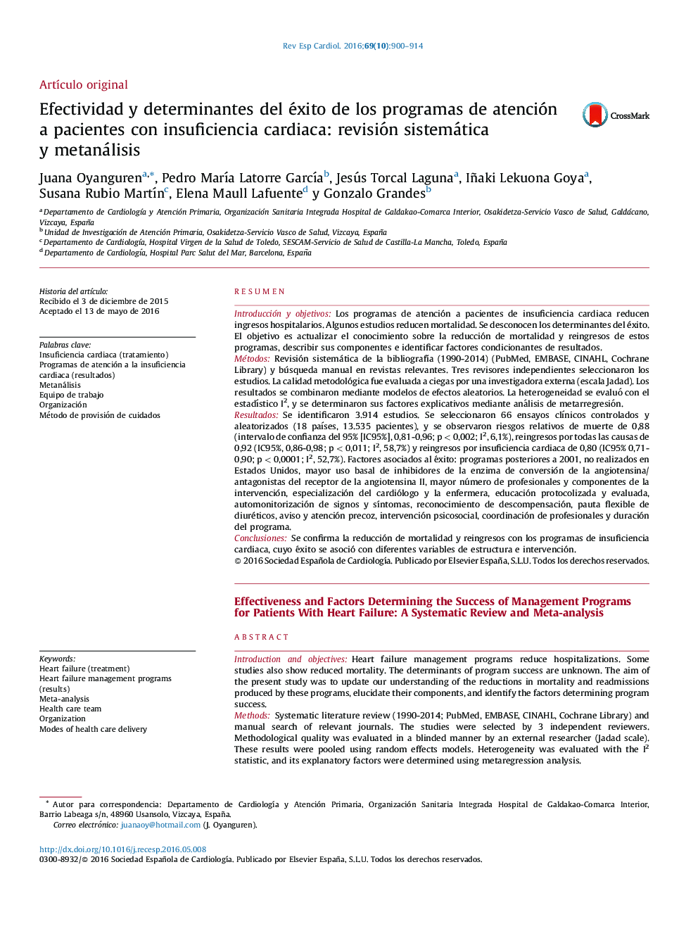 Efectividad y determinantes del éxito deÂ losÂ programas deÂ atención aÂ pacientes conÂ insuficiencia cardiaca: revisión sistemática yÂ metanálisis