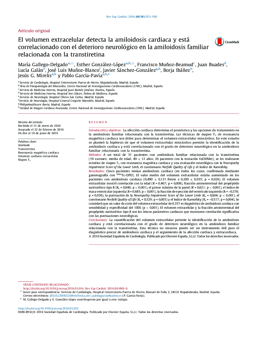 El volumen extracelular detecta la amiloidosis cardiaca y está correlacionado con el deterioro neurológico en la amiloidosis familiar relacionada con la transtiretina