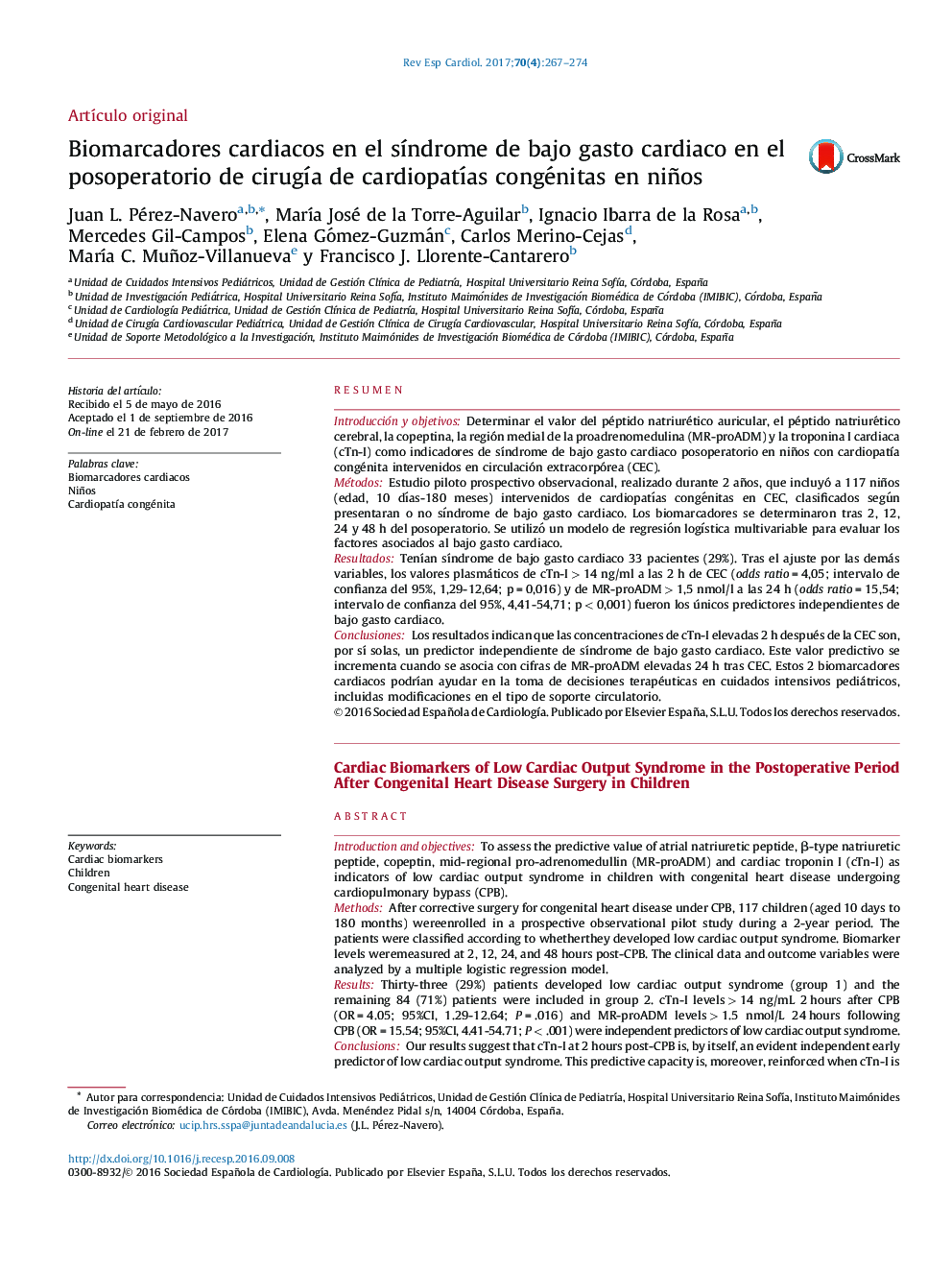 Biomarcadores cardiacos en el sÃ­ndrome de bajo gasto cardiaco en el posoperatorio de cirugÃ­a de cardiopatÃ­as congénitas en niños