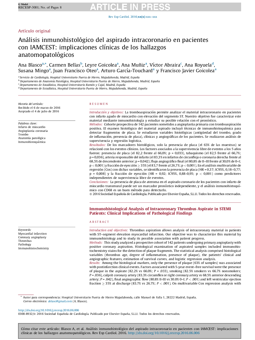 Análisis inmunohistológico del aspirado intracoronario en pacientes con IAMCEST: implicaciones clÃ­nicas de los hallazgos anatomopatológicos