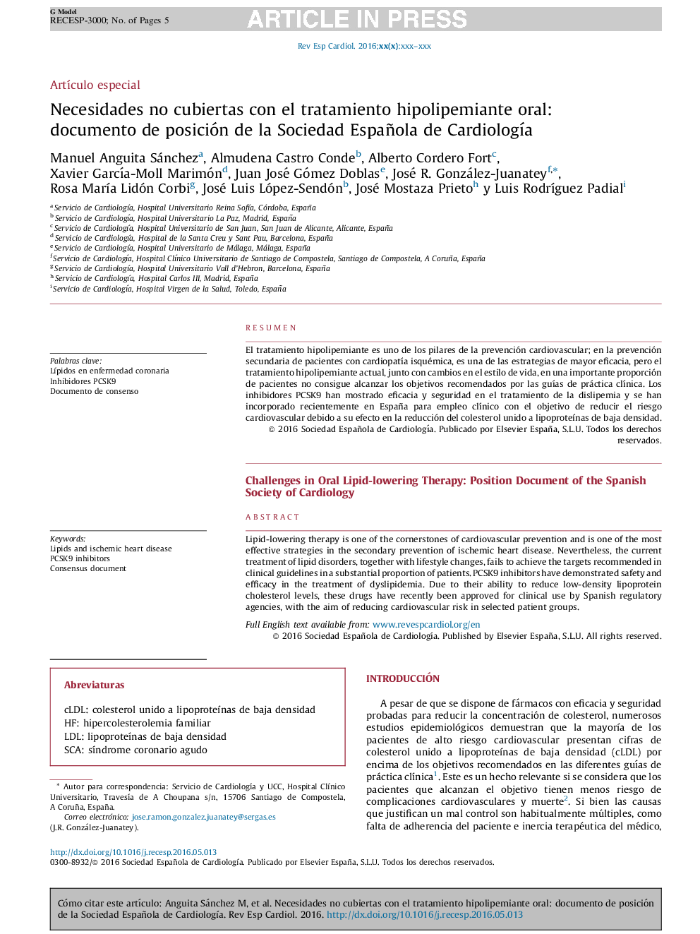 Necesidades no cubiertas con elÂ tratamiento hipolipemiante oral: documento deÂ posición deÂ laÂ Sociedad Española deÂ CardiologÃ­a