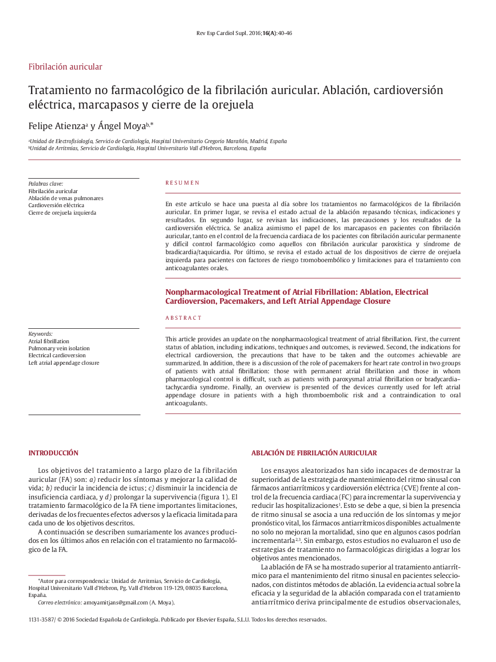 Tratamiento no farmacológico de la fibrilación auricular. Ablación, cardioversión eléctrica, marcapasos y cierre de la orejuela