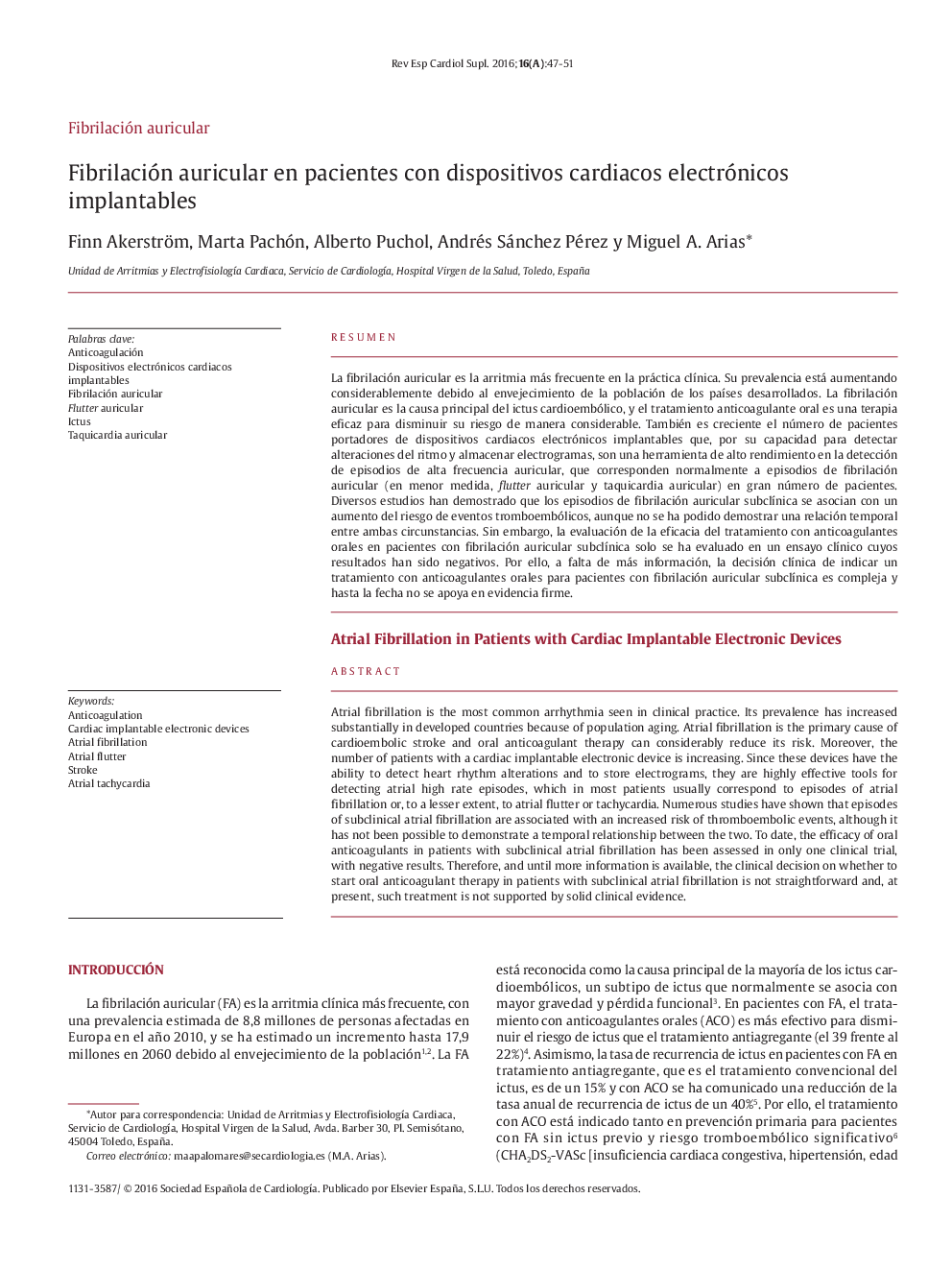 Fibrilación auricular en pacientes con dispositivos cardiacos electrónicos implantables