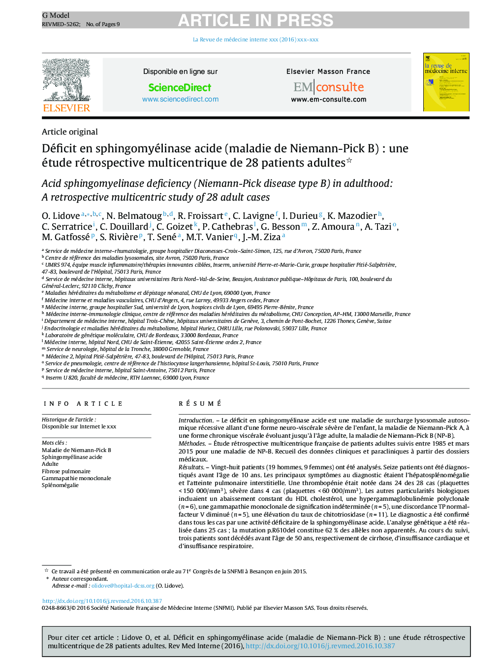 Déficit en sphingomyélinase acide (maladie de Niemann-Pick B)Â : une étude rétrospective multicentrique de 28Â patients adultes