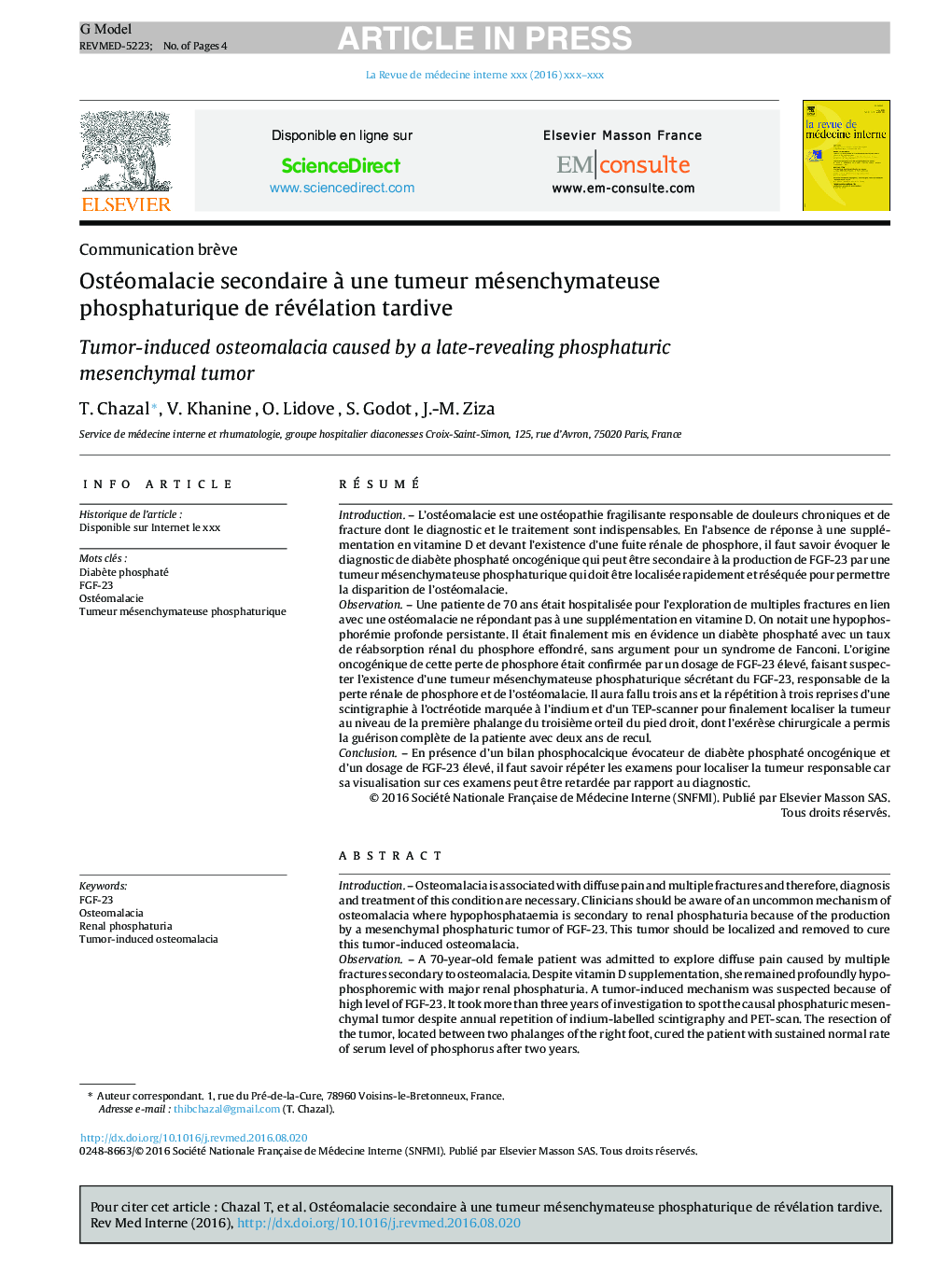 Ostéomalacie secondaire Ã  une tumeur mésenchymateuse phosphaturique de révélation tardive