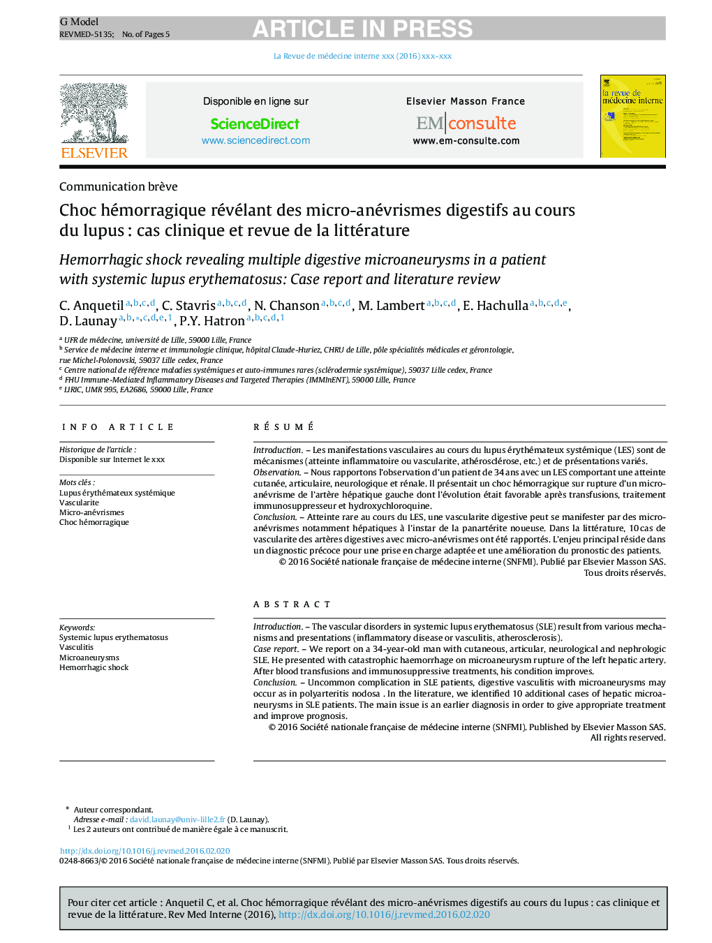 Choc hémorragique révélant des micro-anévrismes digestifs au cours du lupusÂ : cas clinique et revue de la littérature