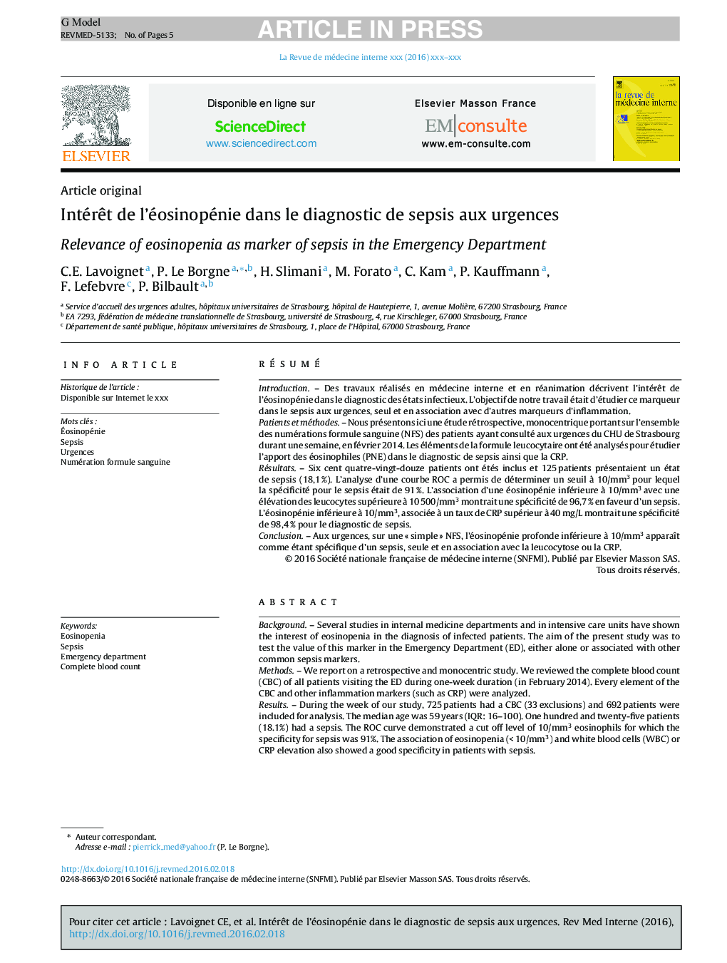 عکس صفحه اول مقاله: Intérêt de l'éosinopénie dans le diagnostic de sepsis aux urgences Intérêt de l'éosinopénie dans le diagnostic de sepsis aux urgences