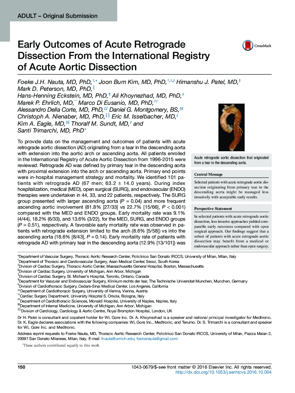 Adult - Original SubmissionEarly Outcomes of Acute Retrograde Dissection From the International Registry of Acute Aortic Dissection