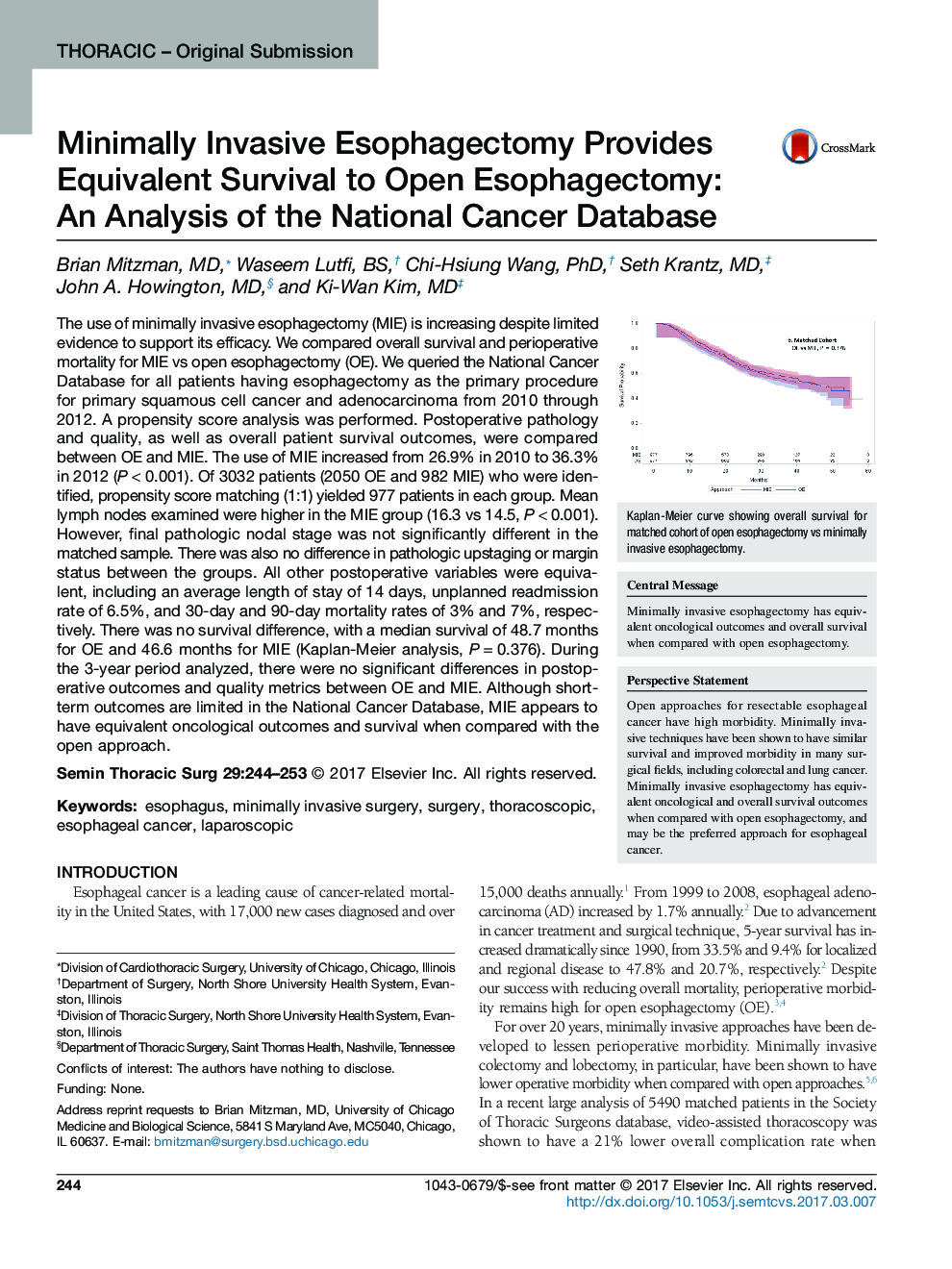 Thoracic - Original SubmissionMinimally Invasive Esophagectomy Provides Equivalent Survival to Open Esophagectomy: An Analysis of the National Cancer Database