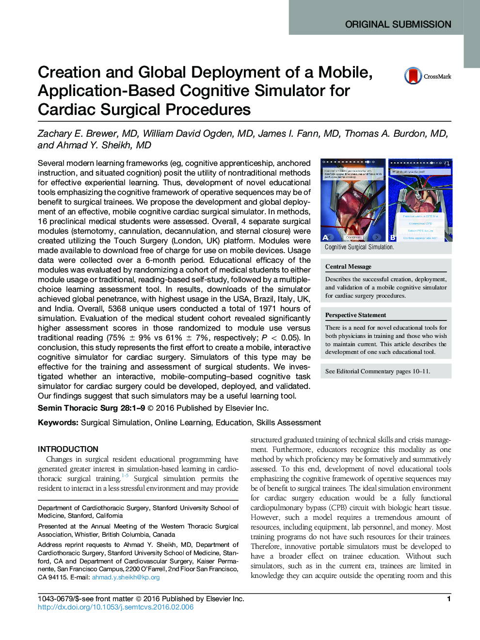 Original SubmissionCreation and Global Deployment of a Mobile, Application-Based Cognitive Simulator for Cardiac Surgical Procedures