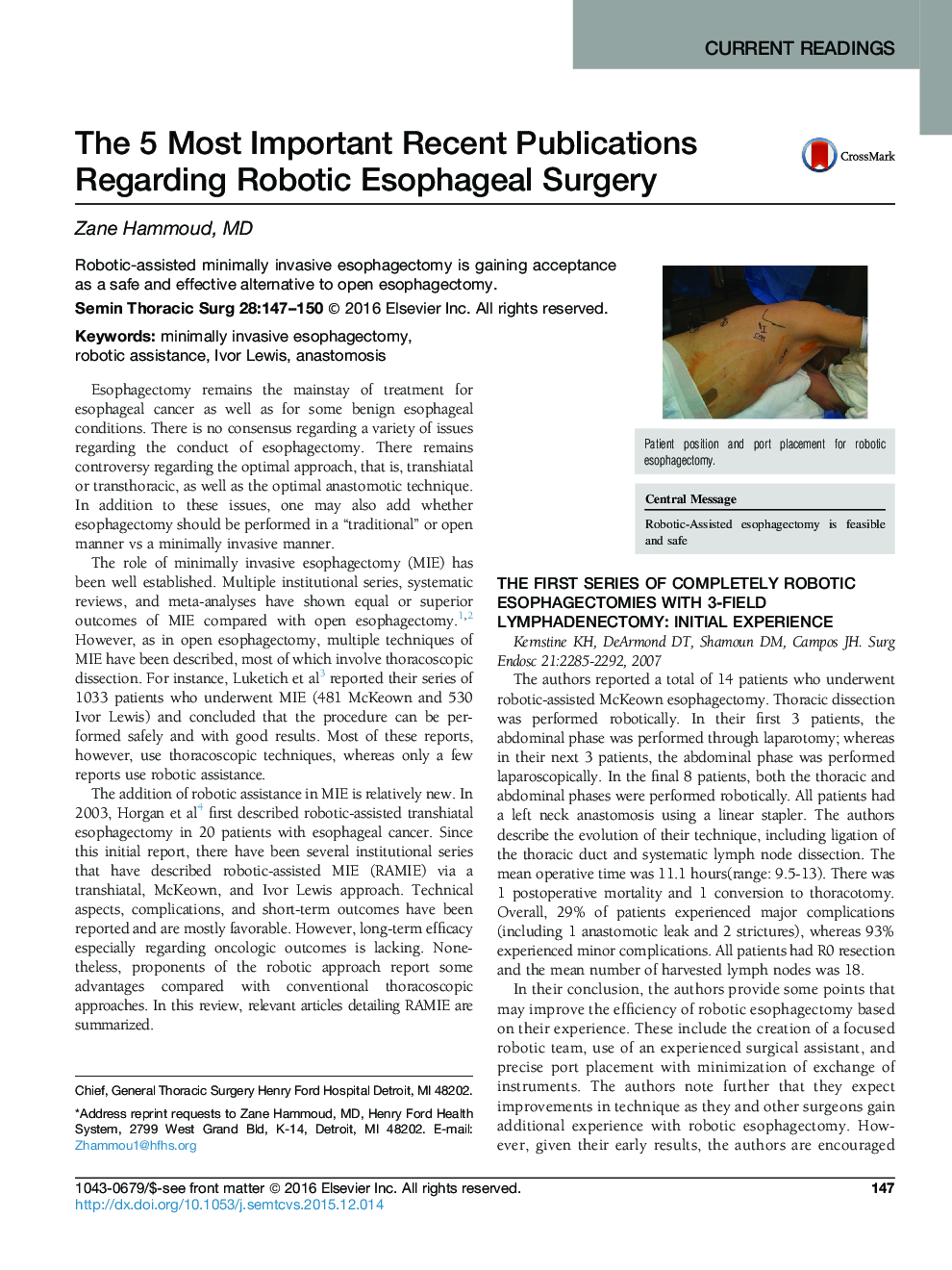 Current ReadingsThe 5 Most Important Recent Publications Regarding Robotic Esophageal Surgery