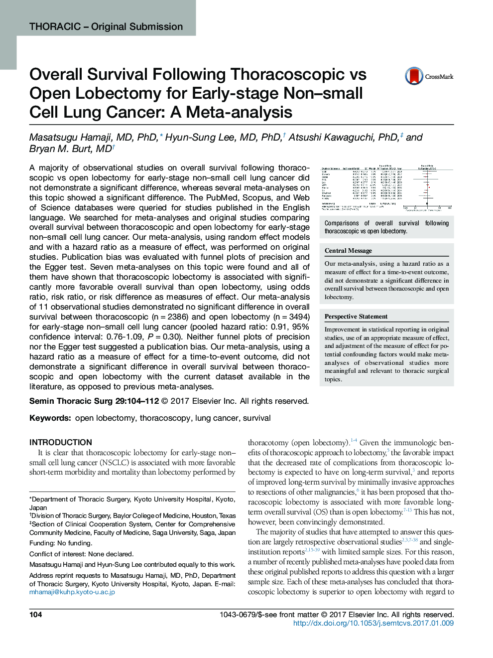 Thoracic - Original SubmissionOverall Survival Following Thoracoscopic vs Open Lobectomy for Early-stage Non-small Cell Lung Cancer: A Meta-analysis
