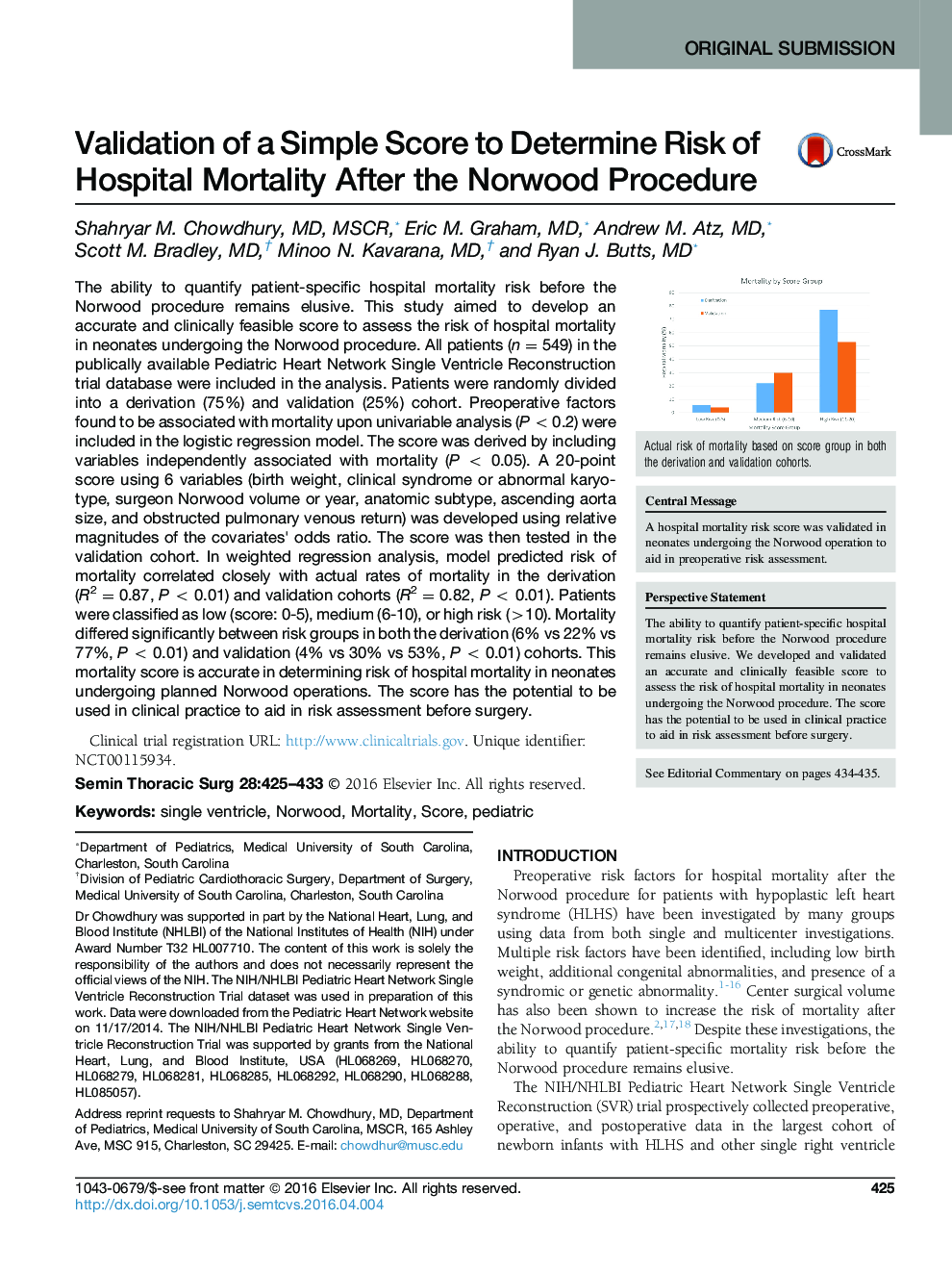 Original SubmissionValidation of a Simple Score to Determine Risk of Hospital Mortality After the Norwood Procedure