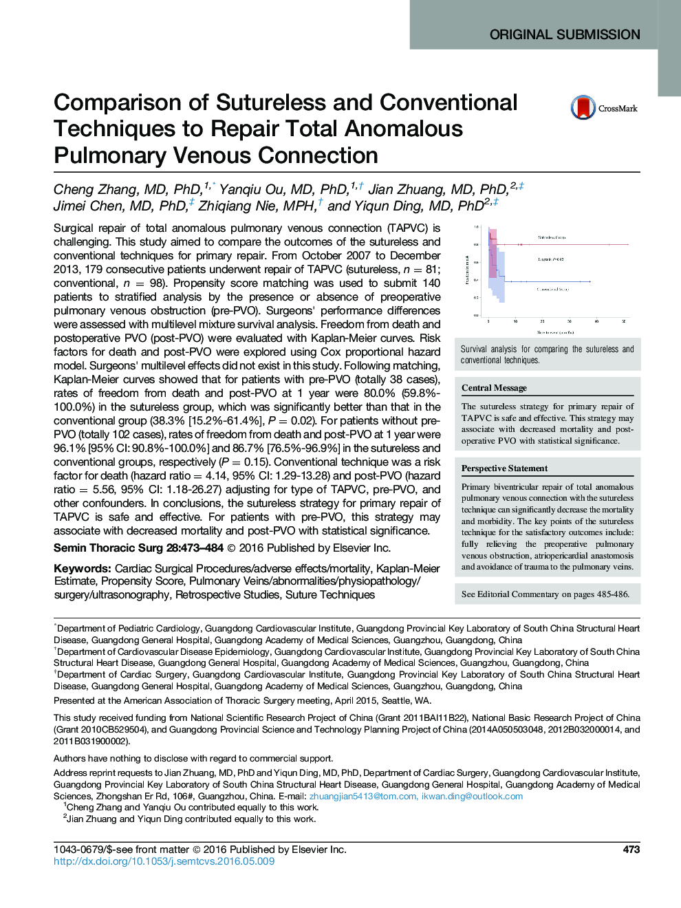 Original SubmissionComparison of Sutureless and Conventional Techniques to Repair Total Anomalous Pulmonary Venous Connection