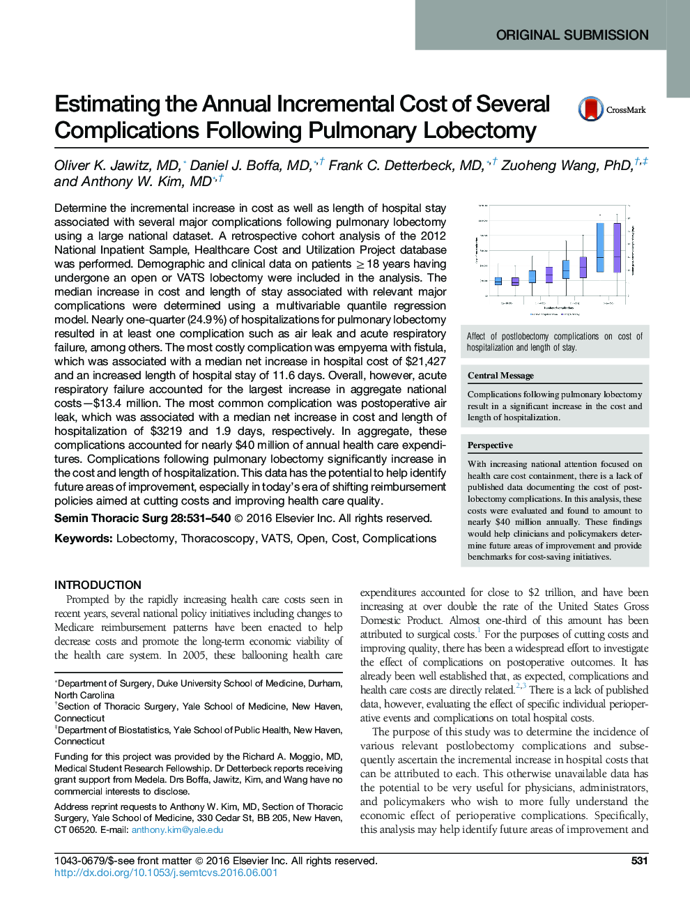 Original SubmissionEstimating the Annual Incremental Cost of Several Complications Following Pulmonary Lobectomy