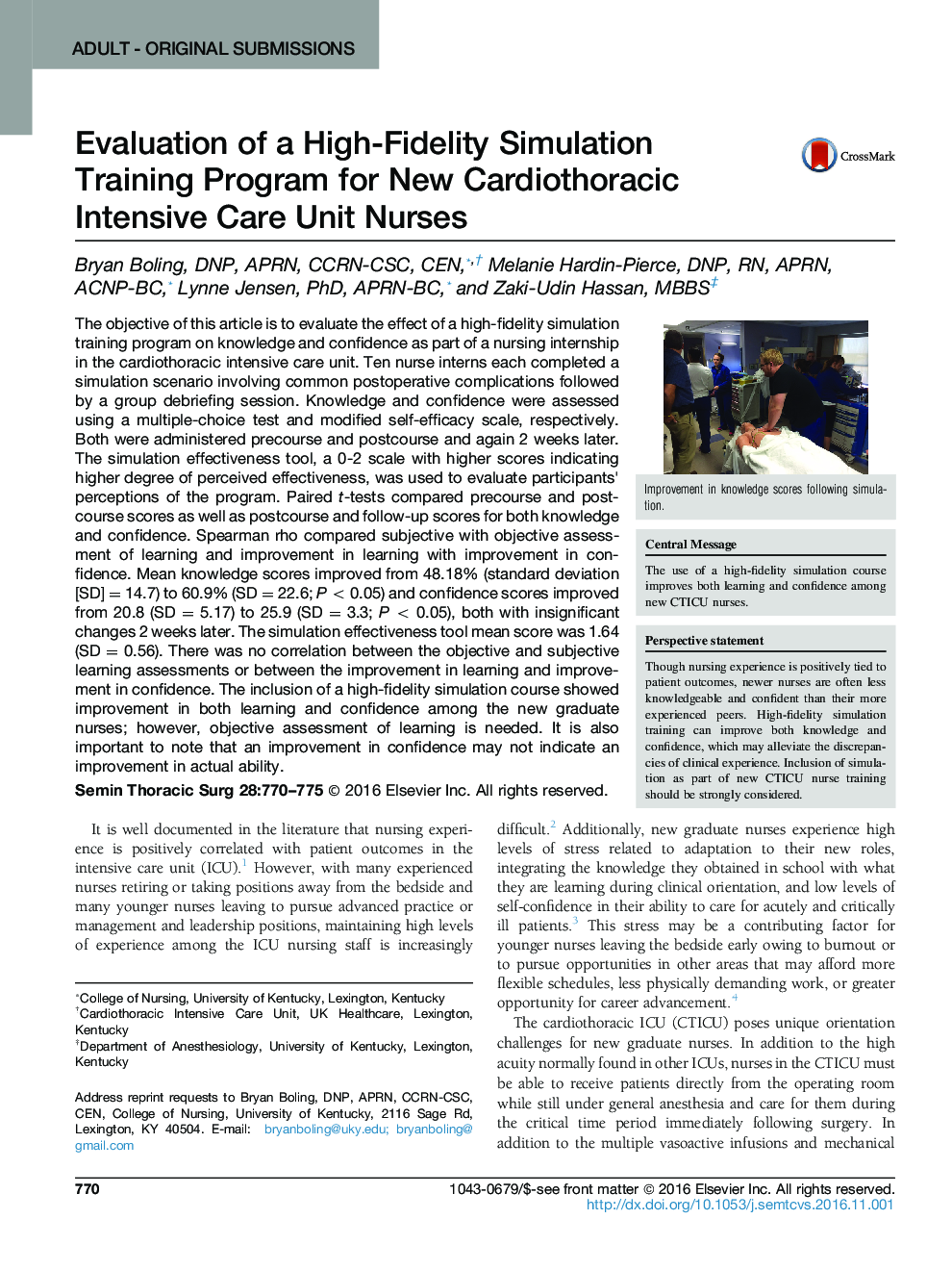 ADULT - Original SubmissionsEvaluation of a High-Fidelity Simulation Training Program for New Cardiothoracic Intensive Care Unit Nurses