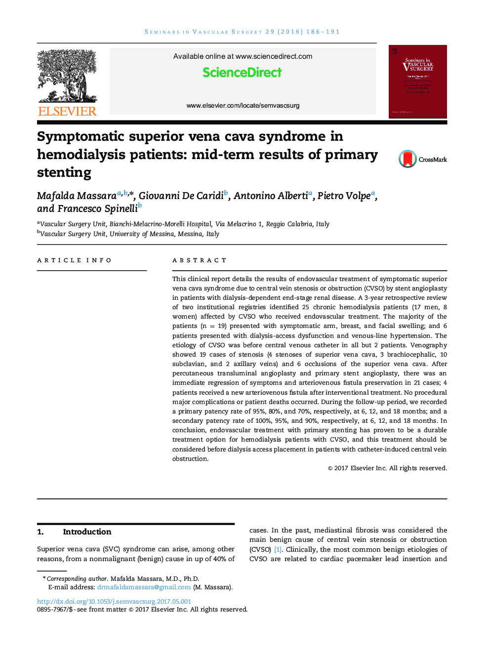 Symptomatic superior vena cava syndrome in hemodialysis patients: mid-term results of primary stenting